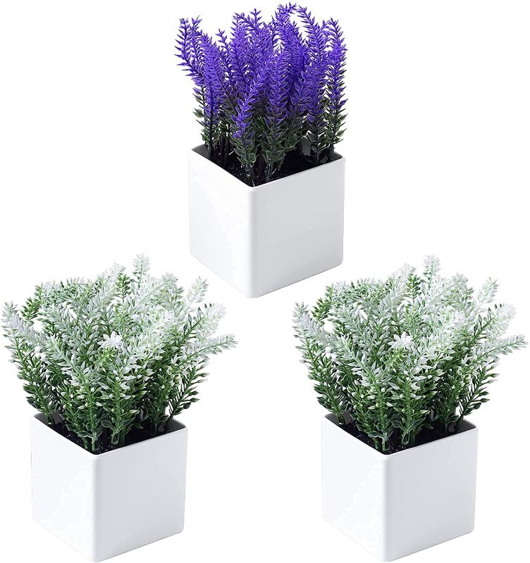 Photo 1 of ZENMAG Artificial Mini Potted Plants?Set of 3 Fake Plastic Lavender Plants? Desk Plants for Office Décor Bathroom Décor,White
