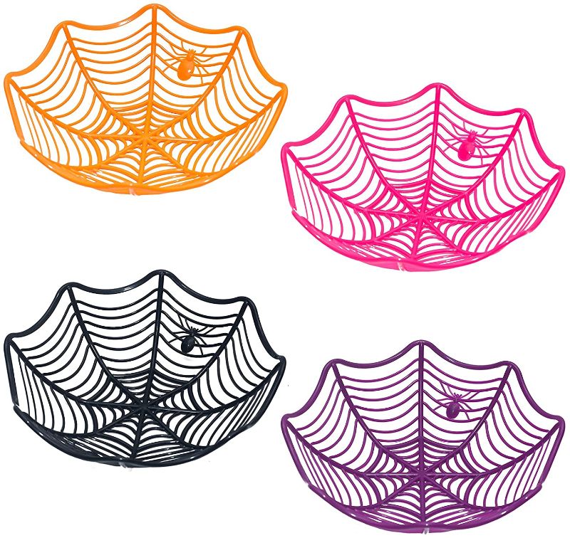 Photo 1 of Alotlucky Halloween Candy Storage Basket(Orange,Purple,Rose red,Black) Spider Decor Food Storage Plate Fruit Tray Party Supplies-4 Pack
