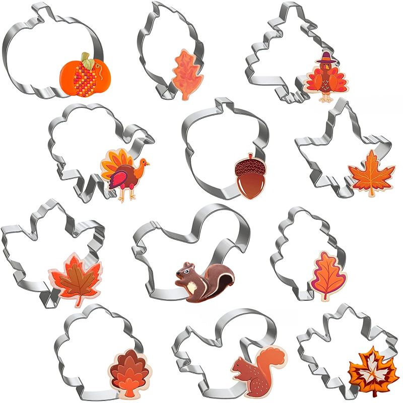 Photo 1 of 12 Pcs Thanksgiving Cookie Cutters Set, Metal Holiday Pumpkin Cookie Cutters, Fall Cookie Cutters with Pumpkin, Maple Leaf, Oak Leaf, Acorn, Turkey, Squirrel
