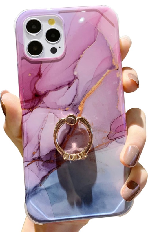 Photo 1 of Anynve Compatible with iPhone 12 Pro Cases for Women, iPhone 12 Marble Case with 360 Degree Ring Kickstand Holder Reinforced Raised Corners & Shockproof Hard Back Soft TPU Bumper Cover Case 6.1-Purple
