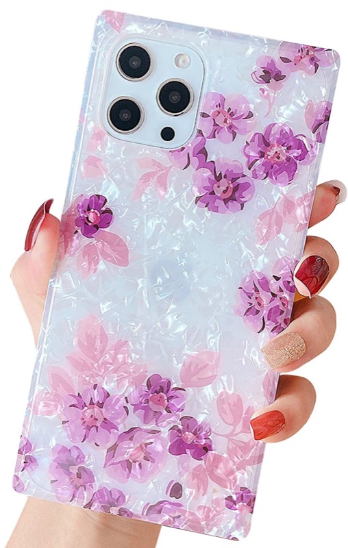 Photo 1 of Jmltech Square Case Compatible with iPhone 12 Pro Max Case for Women Girly Glitter Pink Purple Cute Flower Pattern Bling Soft Silicone Flexible Protective Phone case for iPhone 12 Pro Max 6.7 Flower