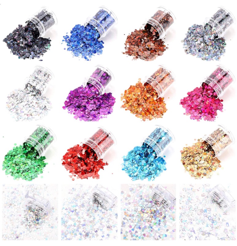 Photo 1 of 16 Boxes Holographic Chunky Glitter Mixed Sizes Nail Sequins Flakes and Heart, Butterfly, Letter and Star Shaped Sparkles Festival Glitters for Makeup, Nail Art Decoration and DIY Crafting