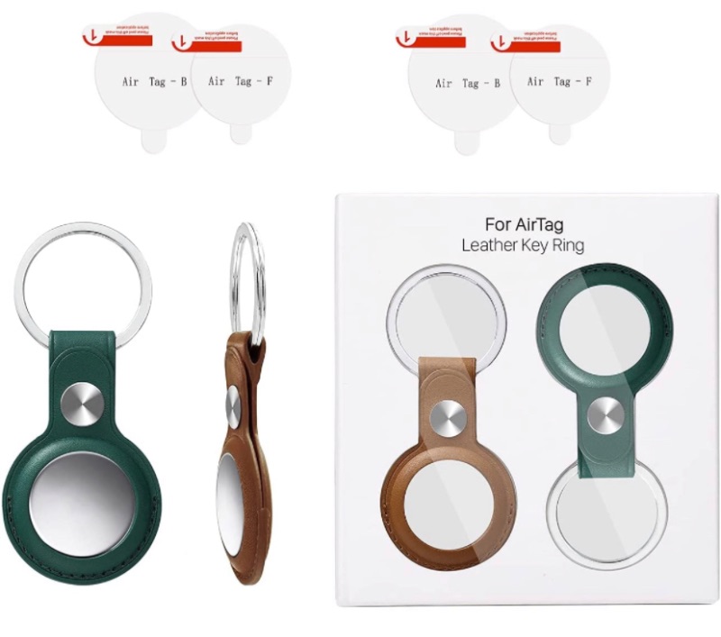 Photo 1 of (2 Packs) AirTag Keychain Rings Leather with Screen Protectors, Durable PU Protective Cases AirTags Holders, Easy Install&Safety Anti-Lost Tracker GPS Cover for Luggage Car Key Case Pet, Brown+Green