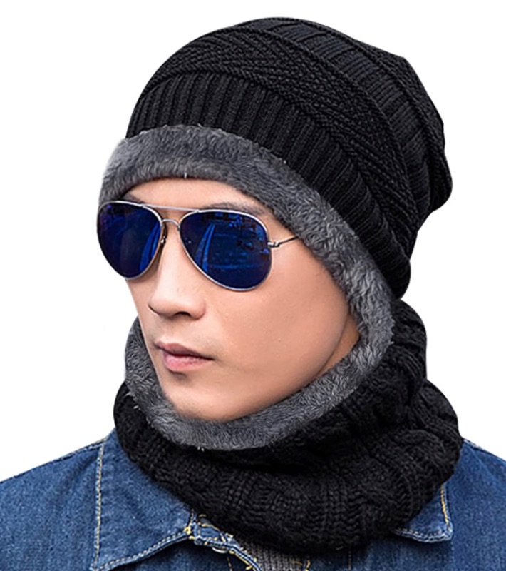Photo 1 of Mens Womens Winter Beanie Hat Scarf Set Warm Knit Hat Thick Fleece Lined Winter Cap Neck Warmer for Men Women