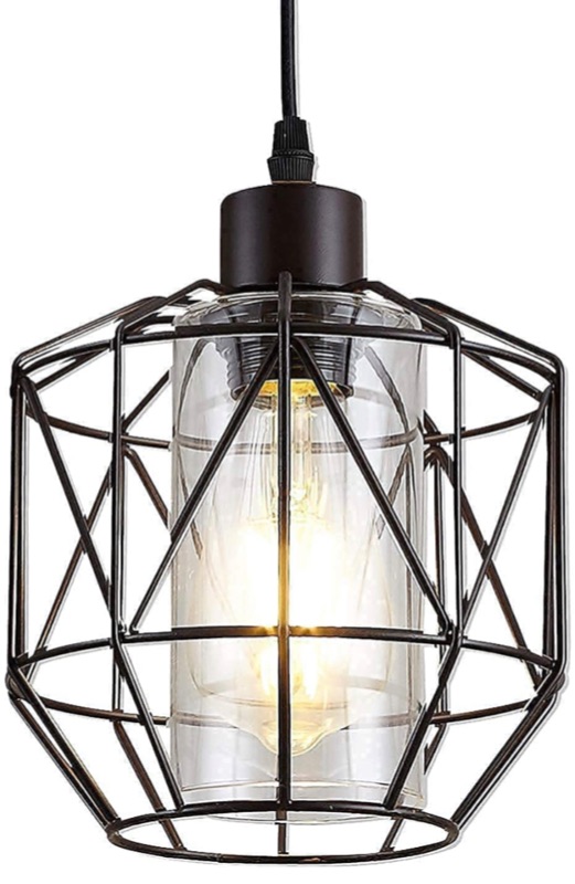 Photo 1 of ZhLCY Industrial Metal Pendant Light with Clear Glass Shape Retro Mini Hanging Light Rustic Wire Cage Pendant Lighting Fixture for Kitchen Island Bar Sink Loft Farmhouse, Oil Rubbed Bronze
