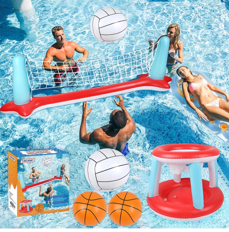 Photo 1 of Pool Floats Toys, Inflatable Pool Volleyball Set & 3 Balls with Basketball Hoops Party Swimming Game Toy for Kids and Adults, Floating Water Play Gift Summer Floaties, Volleyball Net (115”x30”x37”)