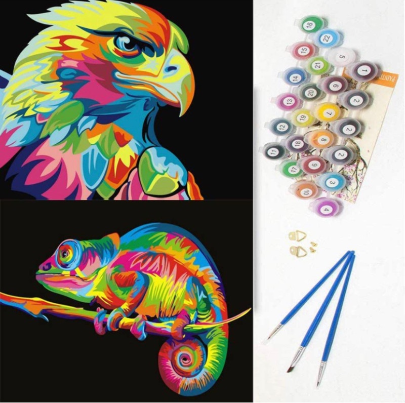 Photo 1 of Poslon DIY Oil Painting Kit Paint by Numbers for Adults & Kids & Beginner 16 x 20 inch Canvas & Acrylic Paints Double Pack (Colourful Eagle and Chameleon)