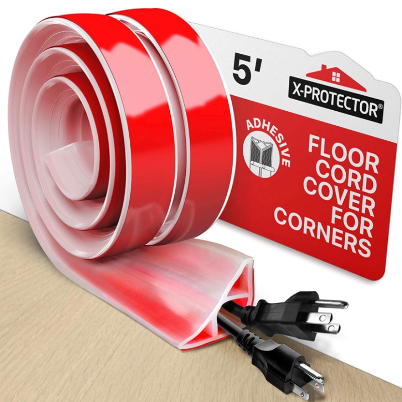 Photo 1 of Floor Cord Cover X-Protector – 5’ Silicone Baseboard Cord Protector for Corners – Over-floor Cord Protector – White Extension Cord Cover to Protect Wires On Floor – Self-Adhesive Power Cable Protector