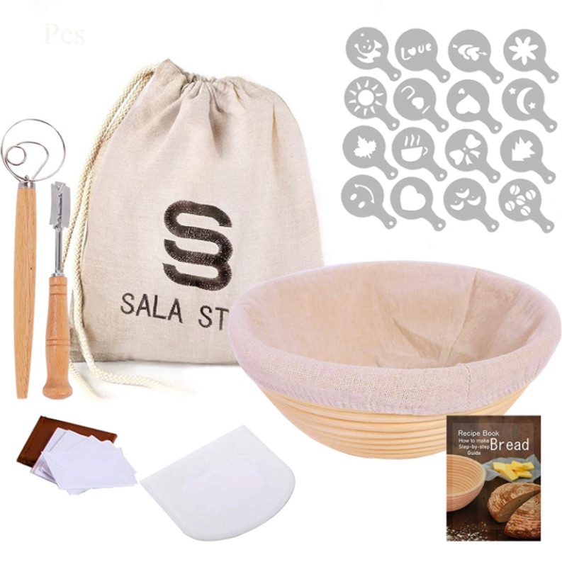 Photo 1 of 9” Round Banneton Basket for Bread Baking, Dough Scraper, Danish Dough Whisk, Bread Lame, Bread Stencils & Bread Bag, Complete Bread Baking Tools & Supplies for Professional & Beginners, Pack of 27