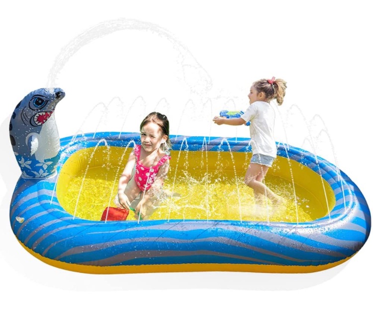 Photo 1 of Inflatable Splash Pad Water Sprinkler Pool for Kids ?4 in 1 Baby Toddler Pools Outside Water Sprinkler Mat Pool, Backyard Water Play Toys Blowup Pools,Cute Shark Pools,67”×40.5“×7.8”