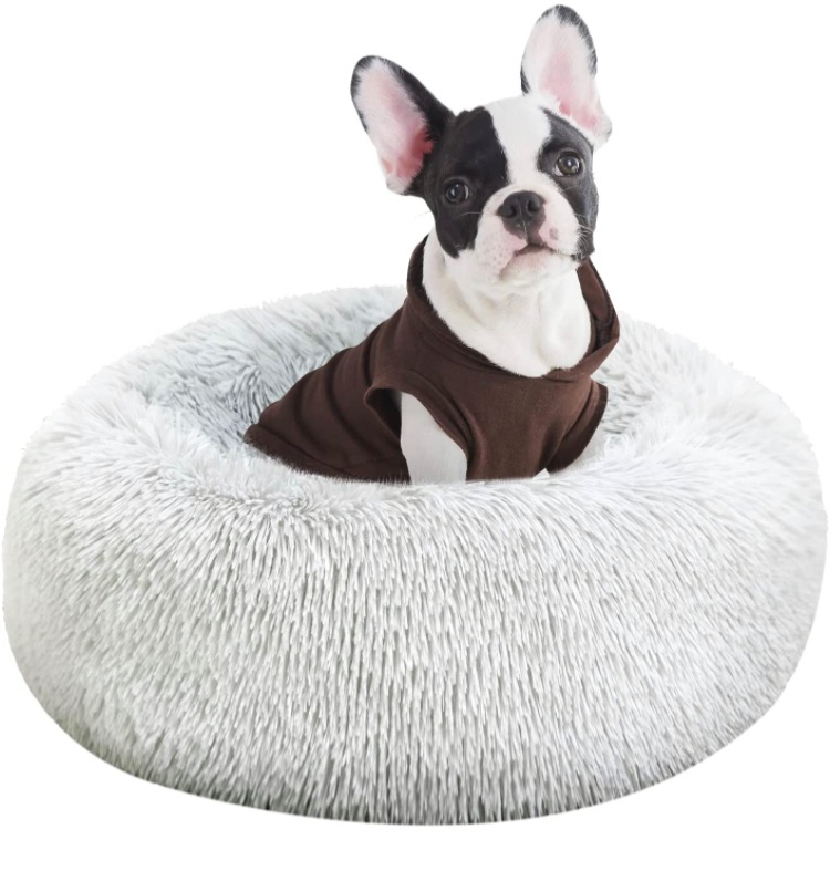 Photo 1 of BEDELITE Dog Bed Cat Bed - Round Dog Bed in Soft Faux Fur Pet Bed, Donut Calming Dog Bed & Cat Bed for Small Medium Dog & Cat 20/23/30 Inches Fit up to 15/25/45LBS (Grey, Blue, Brown) Washable