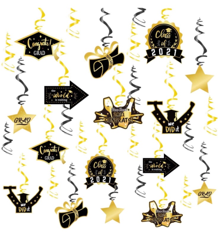 Photo 1 of 2021 Graduation Hanging Decorations Swirls,Graduation Party Supplies Decorations Hanging Swirl, Black & Gold Foil Hanging Swirls for College Graduation Decorations by ACXOP (30) 2 sets 