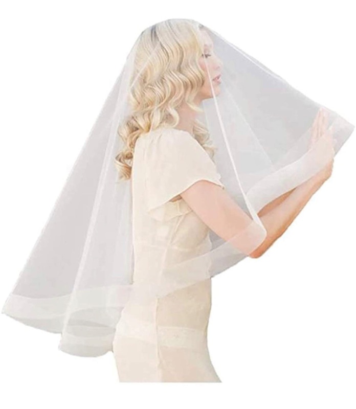 Photo 1 of Dreamyn Women's Bride Wedding Veil 1 Tier Ivory Bridal Fingertip Veil Soft Tulle Ribbon Edge Veil