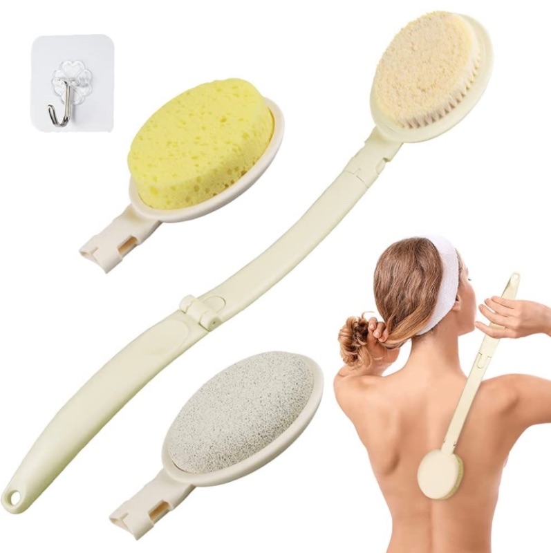 Photo 1 of 3 in 1 Bath Body Brush Set,Foldable Shower Brush with Extra Long Handle, Heads Stone,Loofah Sponge and Back Scrubber Bristles for Exfoliating or Dry Skin Brushing (white)