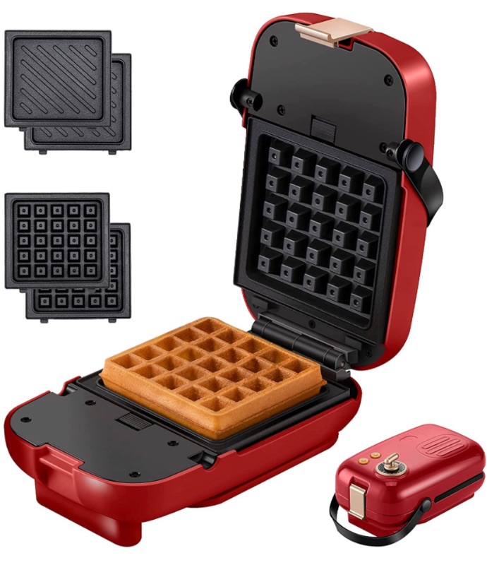 Photo 1 of Auertech Mini Waffle Maker with Timer, 2 in 1 Sandwich Maker 0-15 Minutes Adjustable Timer 650W Panini Press Grill with Detachable Non-stick Plates, Indicator Lights, Cool Touch Handle (Red)