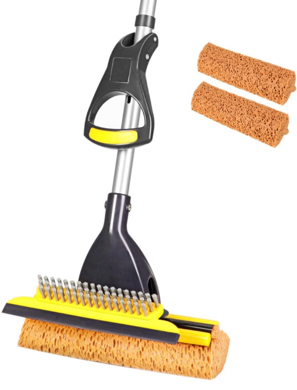 Photo 1 of Yocada Sponge Mop Home Commercial Use Tile Floor Bathroom Garage Cleaning with Total 2 Sponge Heads Squeegee and Extendable Telescopic Long Handle 42.5-52 Inches Easily Dry Wringing