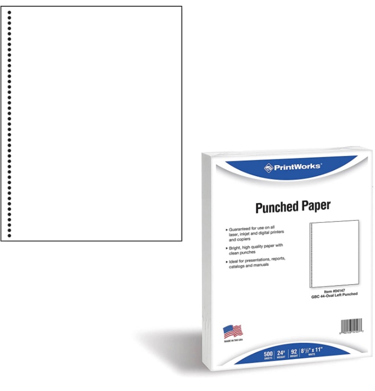 Photo 1 of PrintWorks Professional Prepunched Paper, 8.5 x 11, 24 lb, 44-Hole Spiral Coil (4:1 Pitch) Binding Paper, 500 Sheets, White (04147)