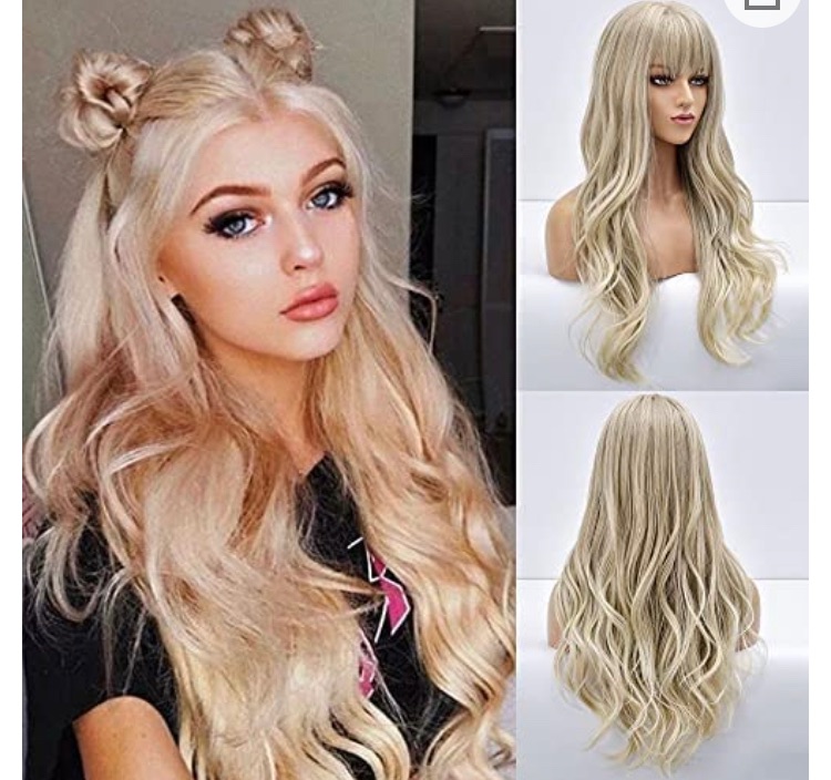 Photo 1 of Akkya Long Ombre Blonde Wigs with Bangs for Women Wavy Heat Resistant Synthetic Hair Cosplay Halloween Party Wig