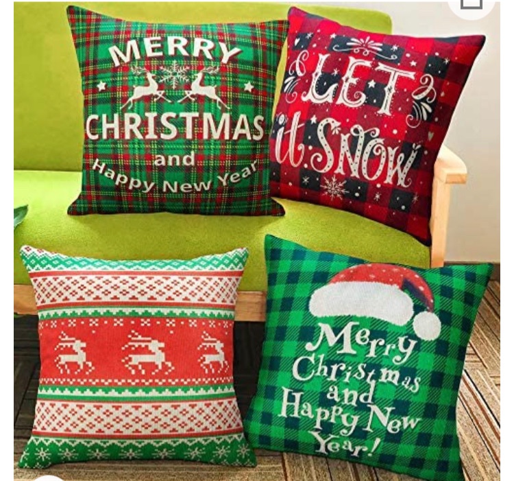 Photo 1 of Christmas Pillow Set of 4 Pillowcases 18x18 Inch Buffalo Plaid Holiday Sofa Linen Pillows Christmas Decorations Xmas Cushion Invisible Cover Zipper Square Pillowcase