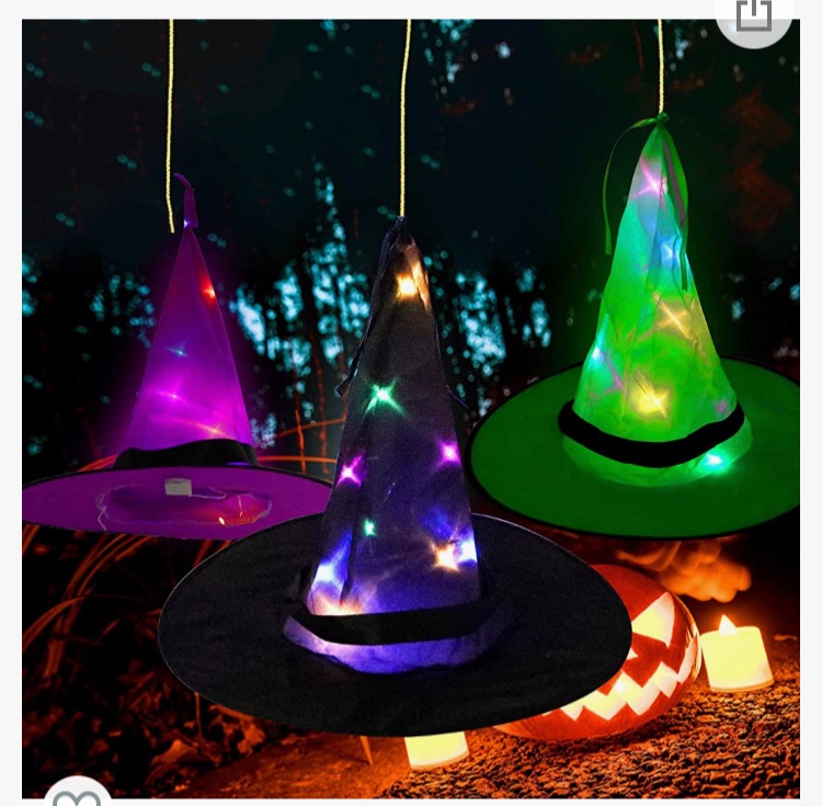 Photo 1 of 3 Pieces Halloween LED Lighted Witch Hats Hanging Decoration Hat Set, Glowing Witch Hats Halloween Party Lighting Hats Button Battery Powered for Tree Yard Garden