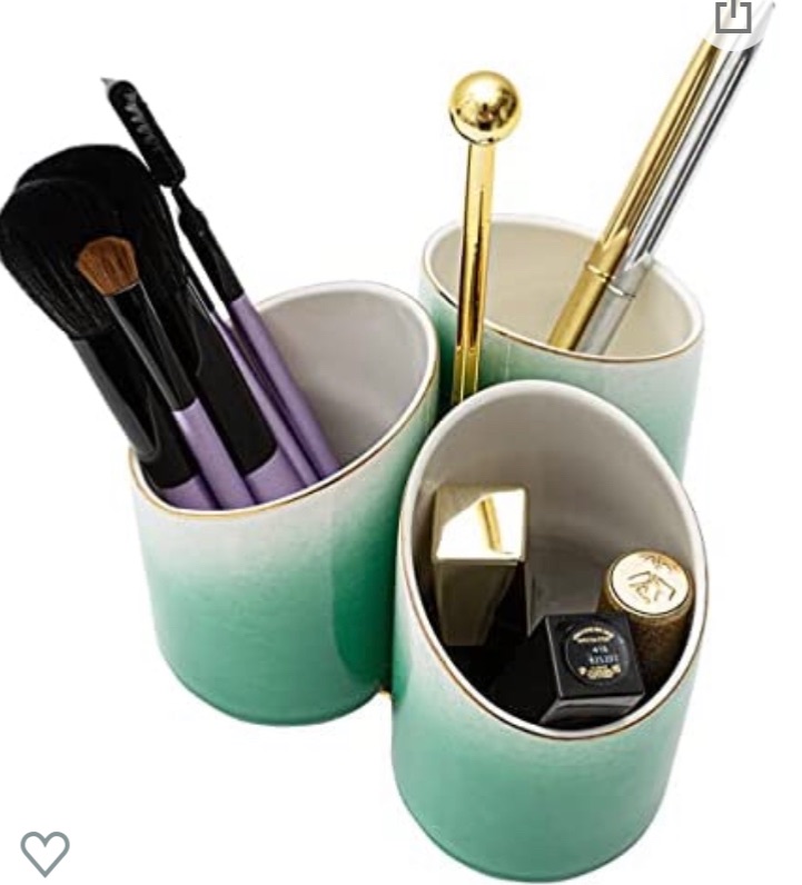 Photo 1 of Ceramic Makeup Brush Holder 3 Slot for Vanity Bathroom, Pencil Pen Cup Holder for Desk Organizer Storage, Gift for Office Home Classroom, Green