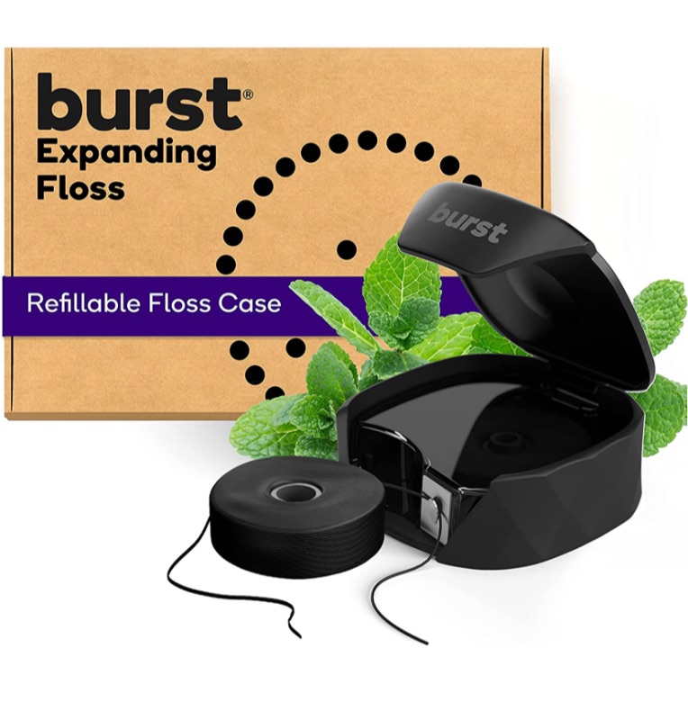 Photo 1 of Burst Refillable Dental Floss Set with Mint Eucalyptus Aroma, Charcoal Coating, Textured, Expanding Technology, Vegan, 12 Week Supply (32 Yards), Black [Packaging May Vary]