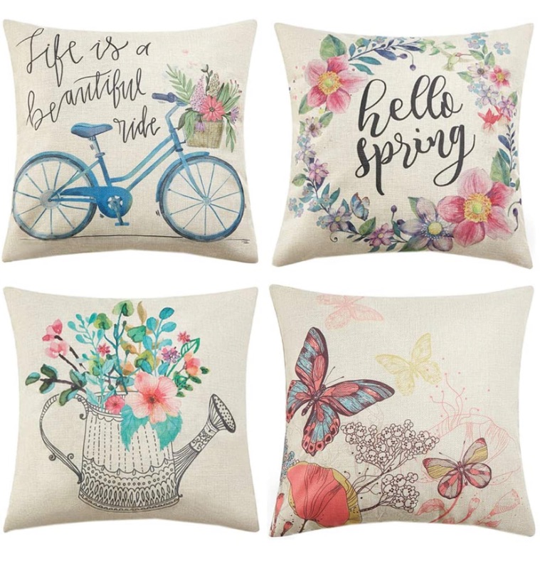 Photo 1 of Anickal Spring Pillow Covers 18x18 Inch Set of 4 for Spring Decorations Hello Spring Wreath Bicycle Butterfly Decorative Throw Pillow Covers for Spring Home Farmhouse Decor