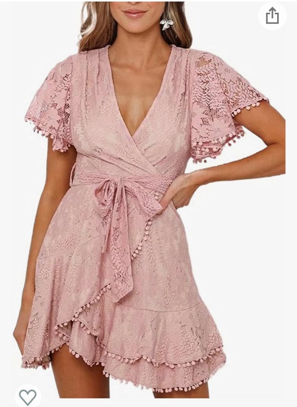 Photo 1 of FIYOTE Womens Summer Lace Wrap Mini Dresses Floral V Neck Short Sleeve Dress with Belt size XL