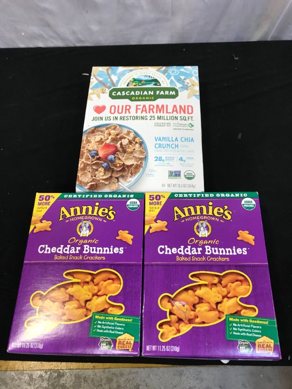 Photo 3 of Cascadian Farm Organic Vanilla Chia Crunch, Whole Grain Oats, 12.5 oz. Annie's Baked Snack Crackers, Organic, Cheddar Bunnies - 11.25 oz 2 pack 