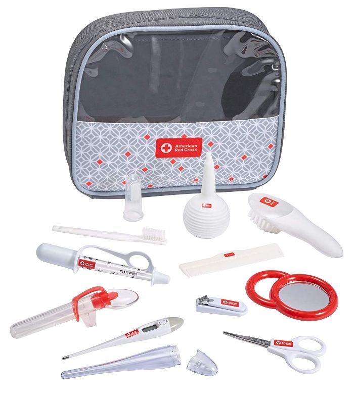 Photo 1 of American Red Cross Deluxe Health and Grooming Kit| Infant and Baby Grooming | Infant and Baby Health | Thermometer, Medicine Dispenser, Comb, Brush, Nail Clippers and More with Convenient Tote
