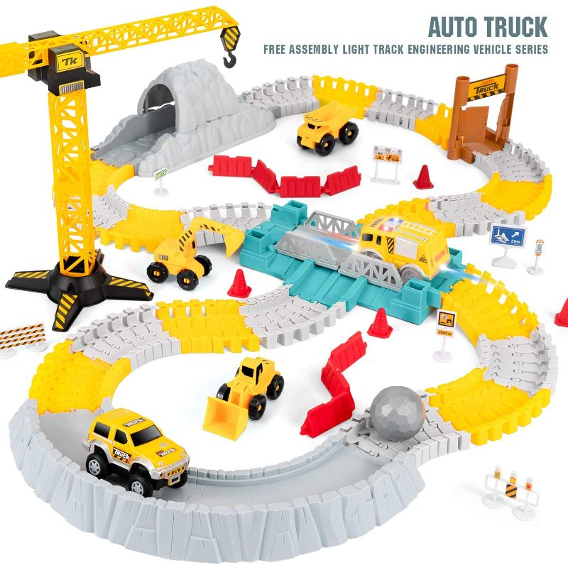 Photo 1 of NeatoTek Race Car Track Toy Flexible Race Track Building Playset - Industrial Construction Theme with 4 Trucks - STEM Learning Toy for Kids