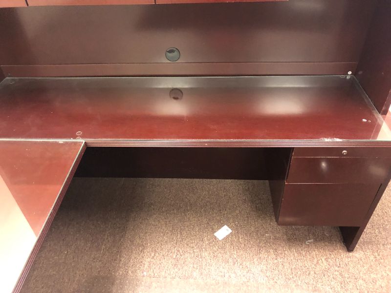 Photo 1 of Large Dark Cherry Colored U Shaped Desk With Glass Top and Storage Hutch and Black Office Chair Black and Silver Floor Mat Included