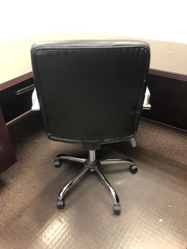 Photo 13 of Large Dark Cherry Colored U Shaped Desk With Glass Top and Storage Hutch and Black Office Chair Black and Silver Floor Mat Included