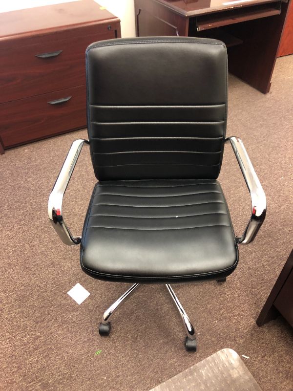 Photo 12 of Large Dark Cherry Colored U Shaped Desk With Glass Top and Storage Hutch and Black Office Chair Black and Silver Floor Mat Included