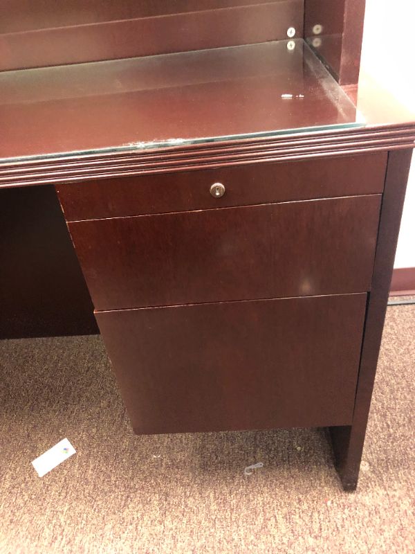 Photo 9 of Large Dark Cherry Colored U Shaped Desk With Glass Top and Storage Hutch and Black Office Chair Black and Silver Floor Mat Included