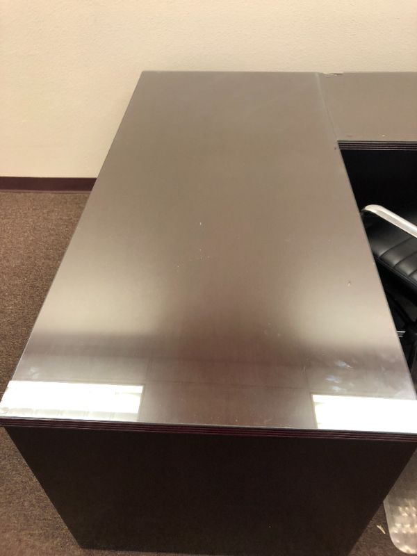 Photo 5 of Large Dark Cherry Colored U Shaped Desk With Glass Top and Storage Hutch and Black Office Chair Black and Silver Floor Mat Included