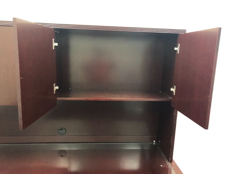 Photo 4 of Large Dark Cherry Colored U Shaped Desk With Glass Top and Storage Hutch and Black Office Chair Black and Silver Floor Mat Included