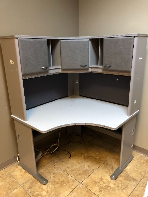 Photo 2 of Corner 2 Tier Office Desk 3 Cabinet Storage Overhead With Leather Black Office Chair 