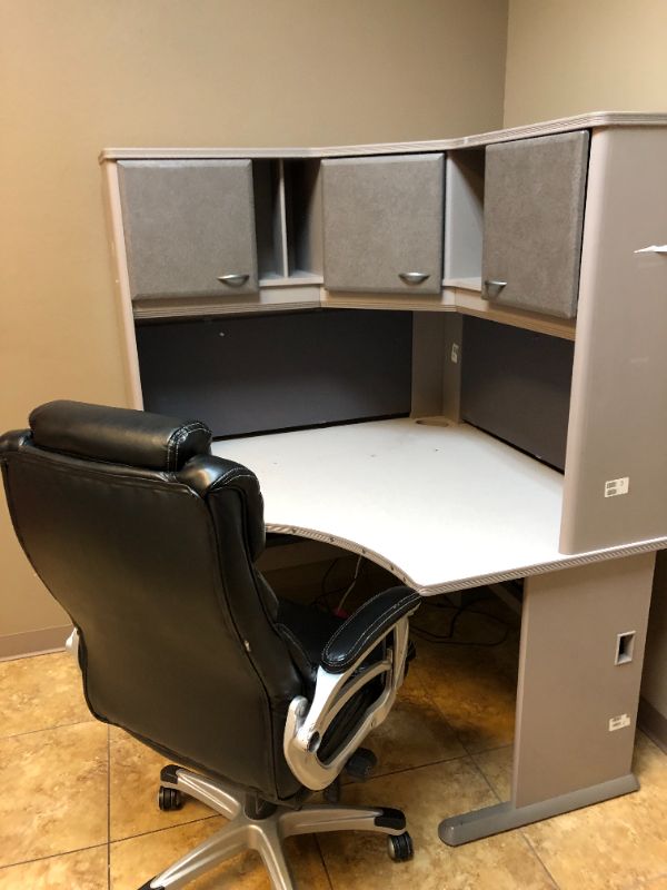 Photo 1 of Corner 2 Tier Office Desk 3 Cabinet Storage Overhead With Leather Black Office Chair 