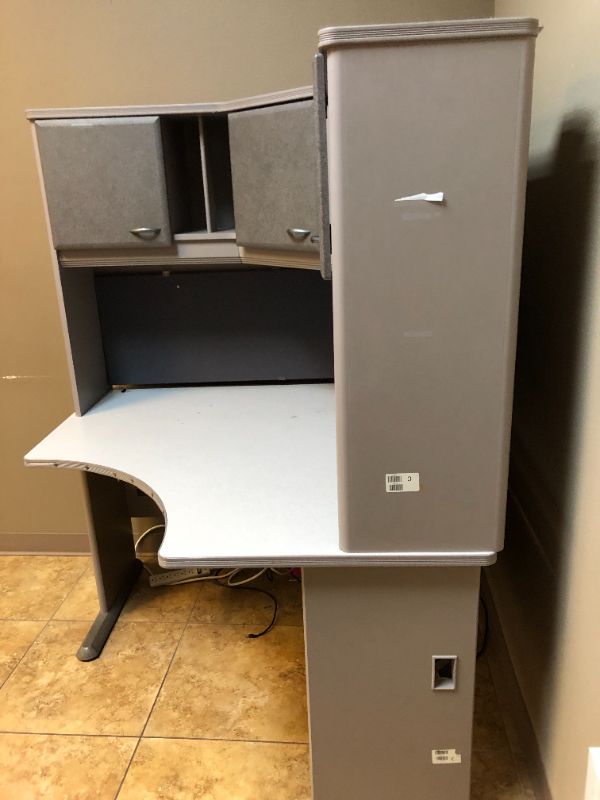 Photo 3 of Corner 2 Tier Office Desk 3 Cabinet Storage Overhead With Leather Black Office Chair 