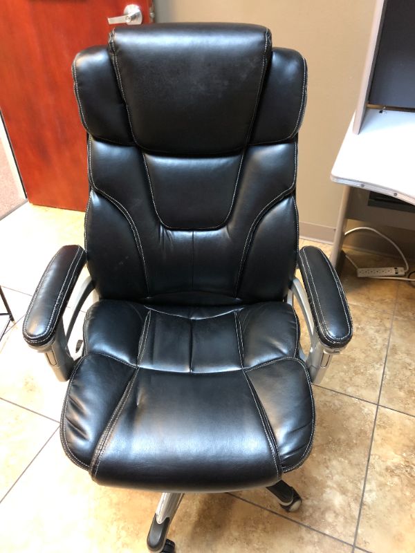 Photo 5 of Corner 2 Tier Office Desk 3 Cabinet Storage Overhead With Leather Black Office Chair 