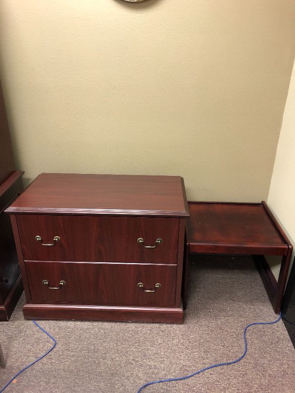 Photo 2 of large wooden cabinet for office with 2 drawer cabinet and side table all wood 3 pieces total 