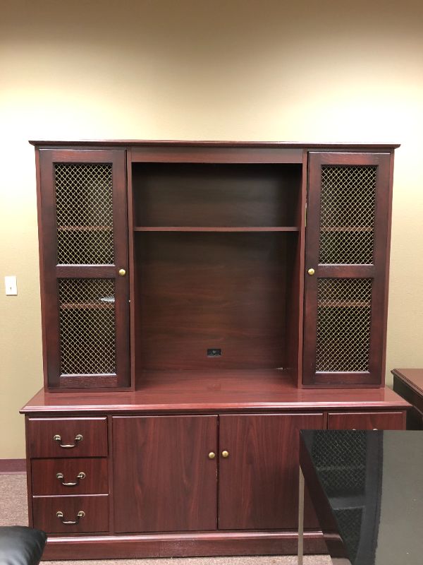 Photo 1 of large wooden cabinet for office with 2 drawer cabinet and side table all wood 3 pieces total 