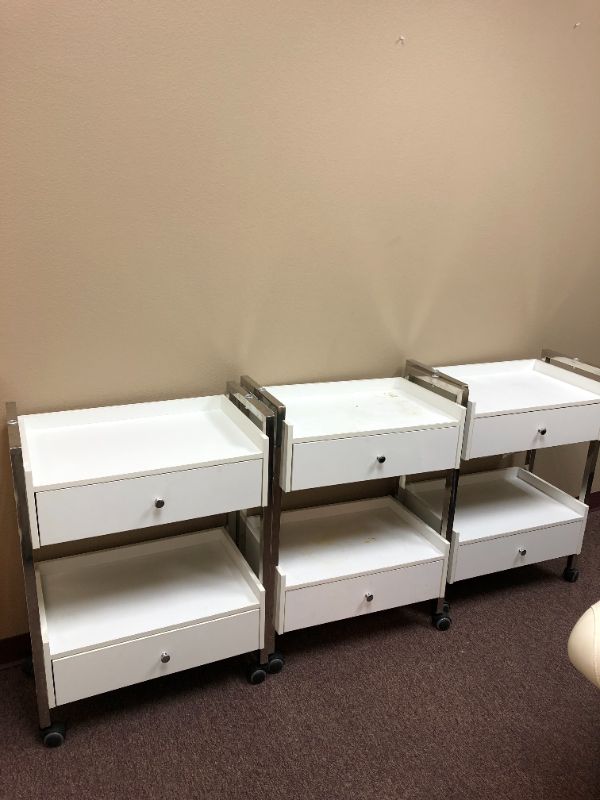 Photo 2 of set of 3 white 2 drawer wooden rolling storage carts used sold as is 
