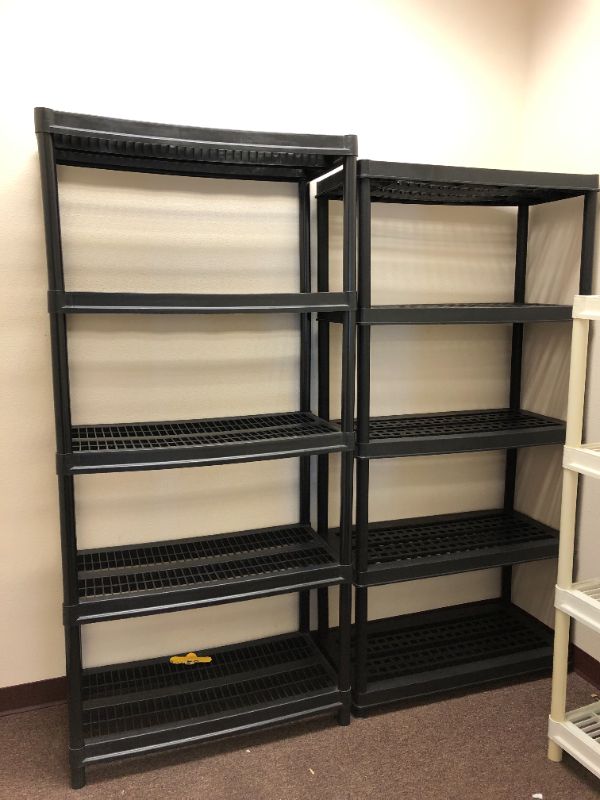 Photo 1 of set of 3 plastic storage racks used sold as is 2 black 1 white 