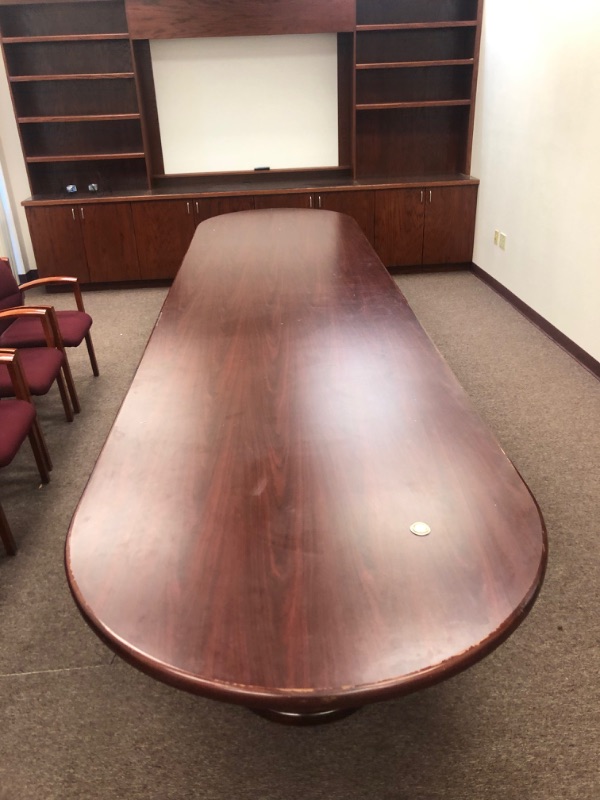 Photo 1 of Wood conference table with red finish. 4ft Wide, 16ft Long