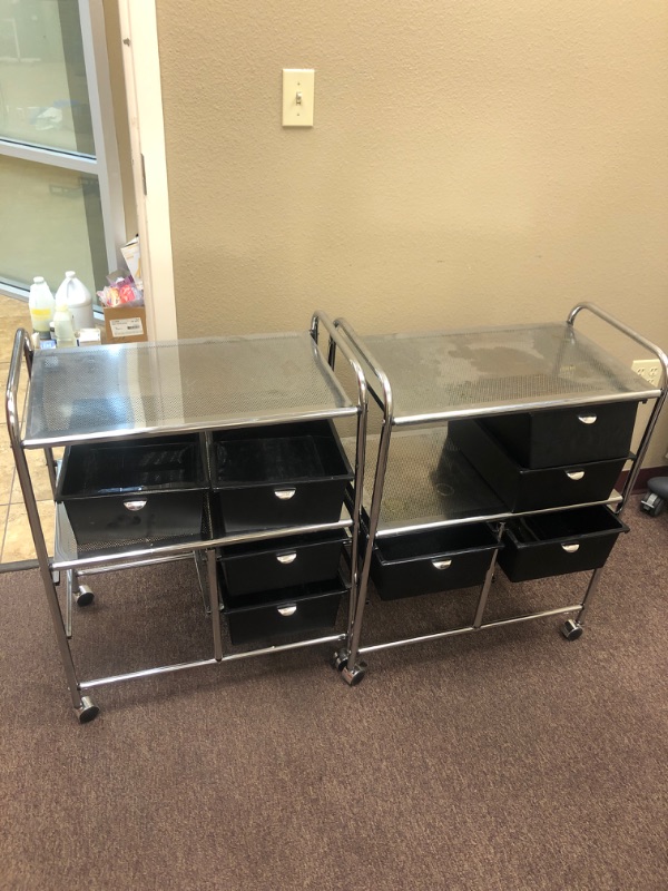 Photo 1 of Set of Metal 2 Tier Shelves with Black Plastic Drawers on Wheels.