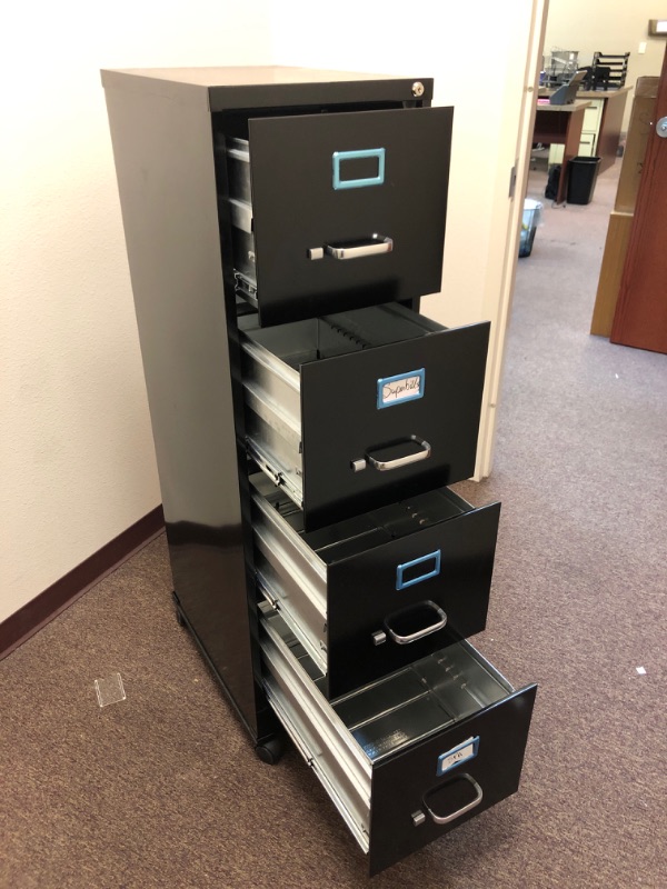 Photo 5 of 4 Drawer Black Metal Filing Cabinet with Wheels.