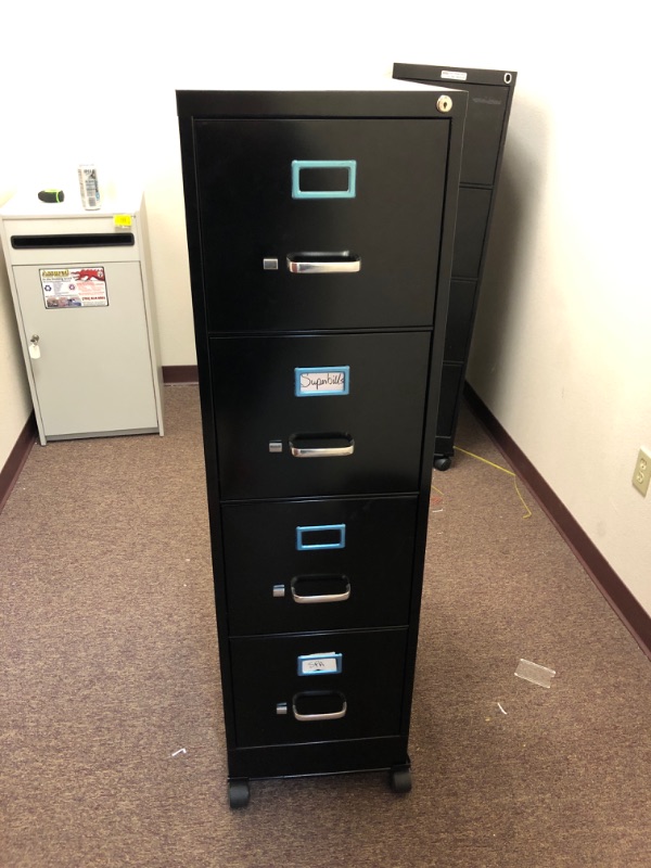 Photo 1 of 4 Drawer Black Metal Filing Cabinet with Wheels.