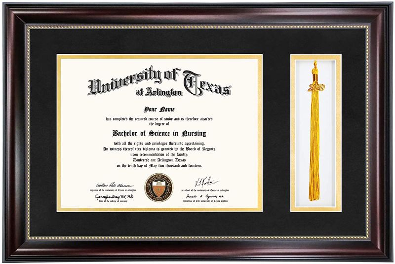 Photo 1 of GraduationMall 11x17 Mahogany Diploma Frame with Tassel Holder for 8.5x11 Certificate Document,Real Glass, Black Over Gold Mat
